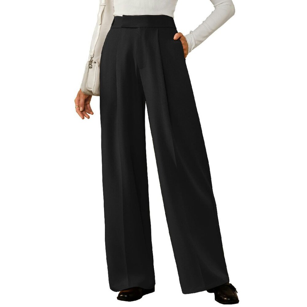 Wrinkle-Free Pleated Wide Leg Dress Pants High Waisted Business Casual